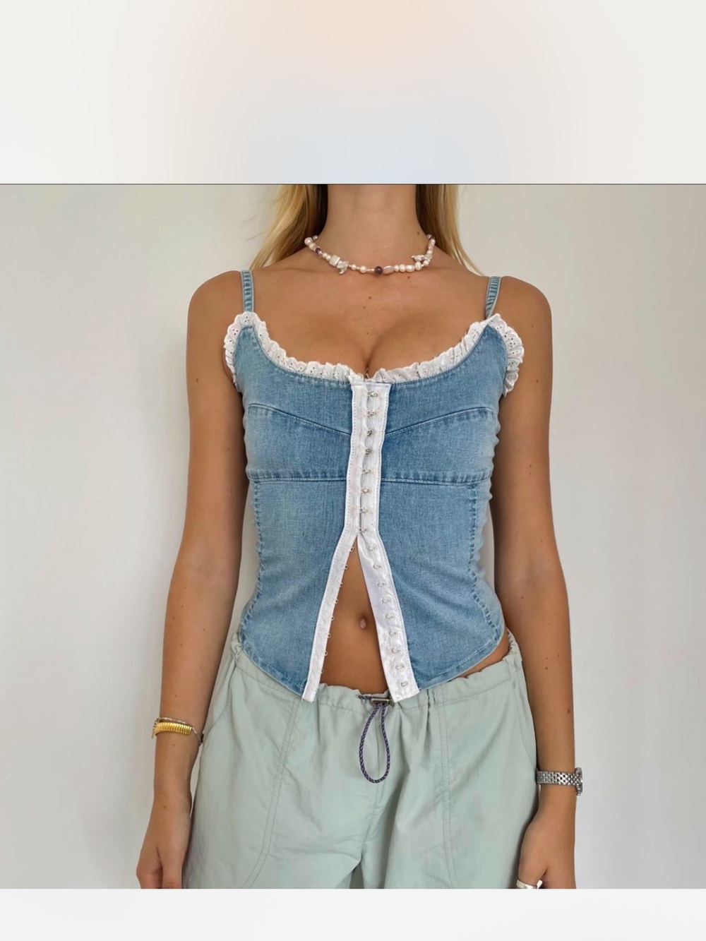 Vintage Lace-Trim Denim Corset Tank Top - Light Blue